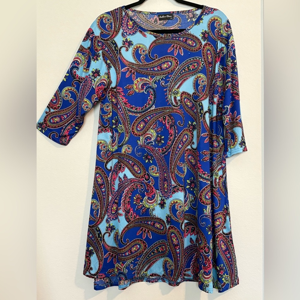 Blue and Red Paisley Tunic Top with Relaxed Fit